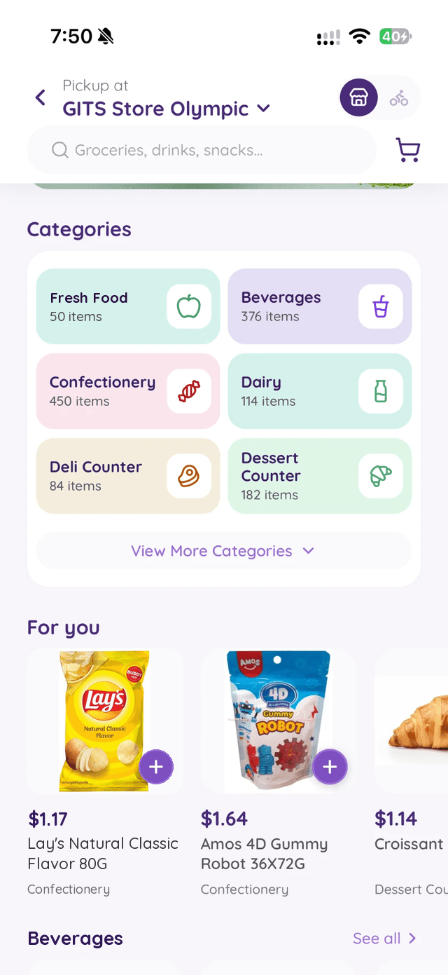 The M Mart screen with categories and products for your store