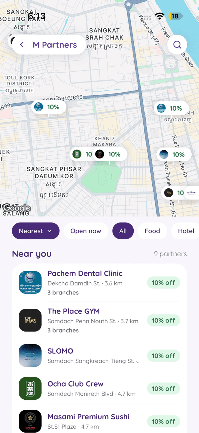 The M Partners map with nearby partner discounts